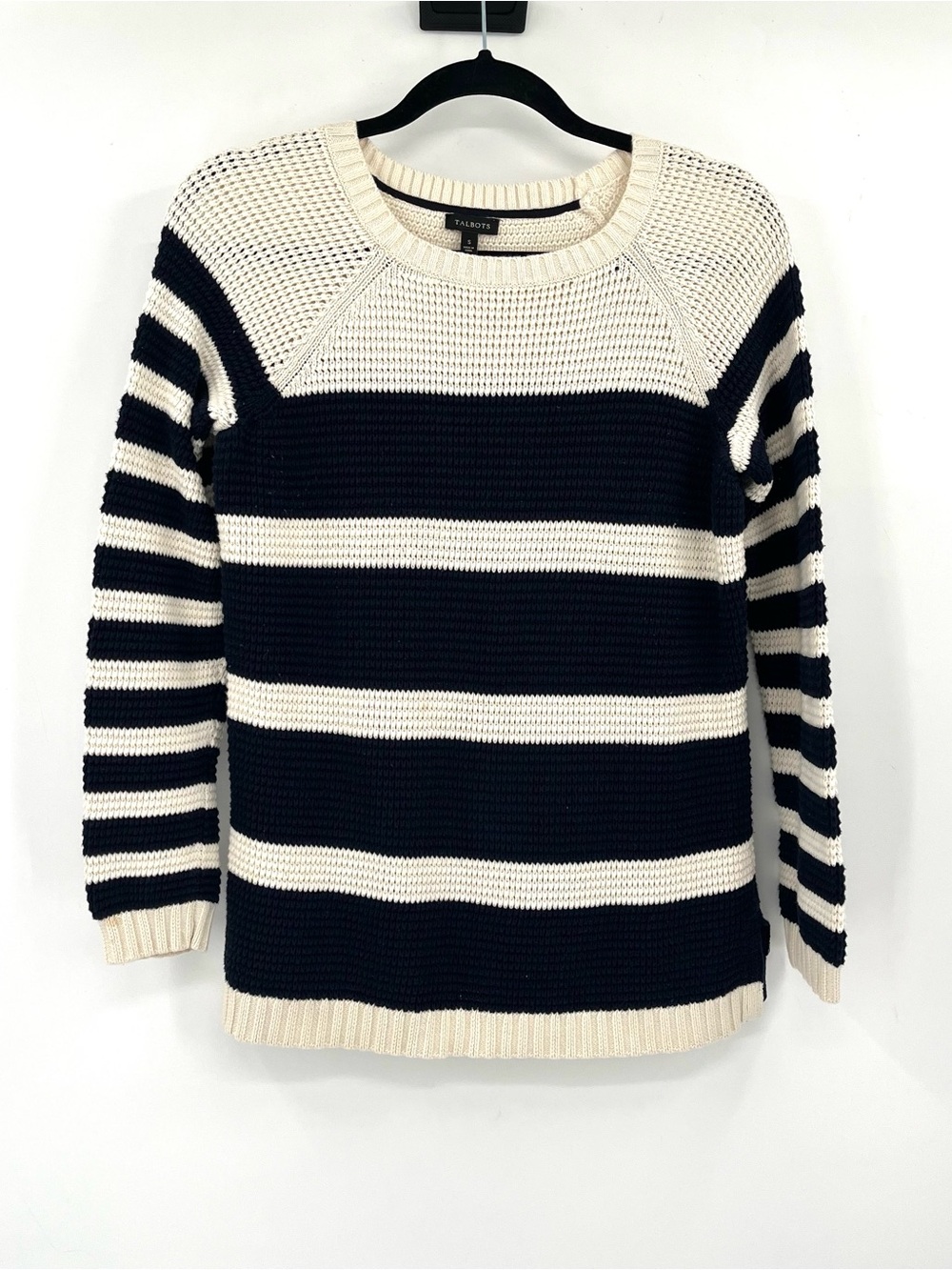 TALBOTS Striped Sweater Cotton Beige Navy Blue Pullover Knit Preppy NaturalFiber